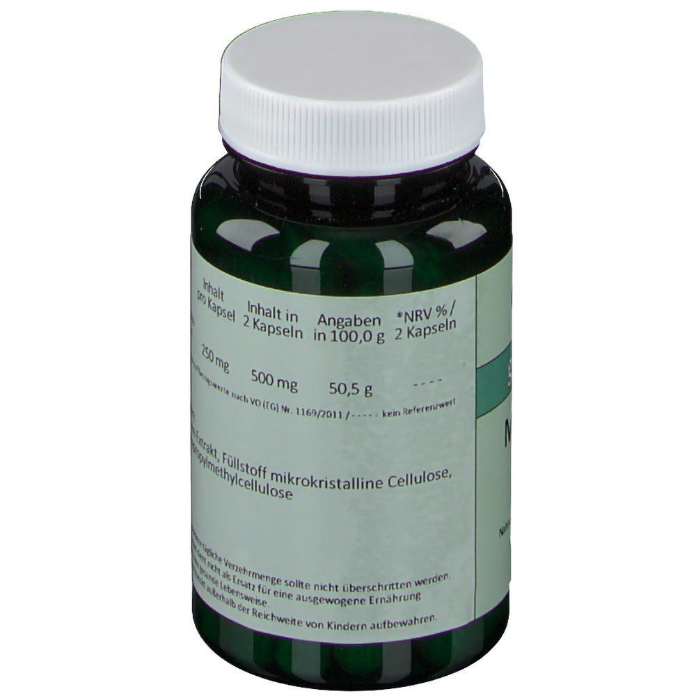 Grüne Flasche mit weißem Deckel. Aufschrift: Maitake-Extrakt 250 mg pro Kapsel. Zutaten: Maitake-Extrakt, mikrokristalline Cellulose, Hydroxypropylmethylcellulose.