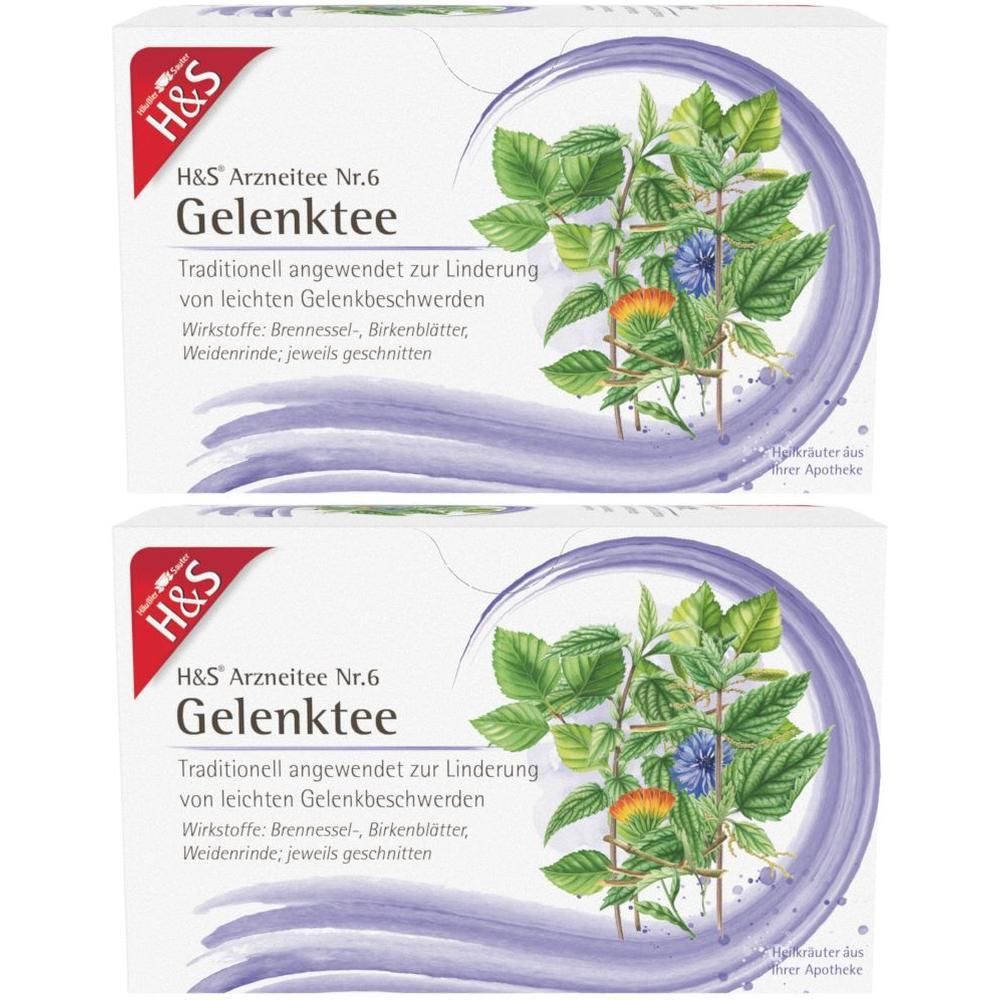 Zwei Packungen H&S Arzneitee Nr. 6 Gelenktee mit Kräutermotiv.