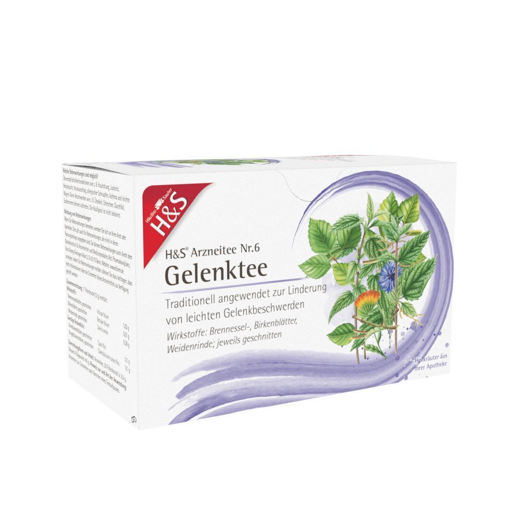 Packung H&S Arzneitee Nr. 6 Gelenktee, Vorderseite mit Kräutermotiv.