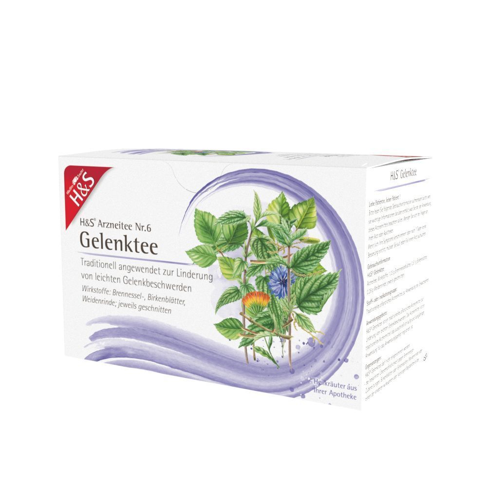 Packung H&S Arzneitee Nr. 6 Gelenktee, schräg von vorne mit Kräutermotiv.