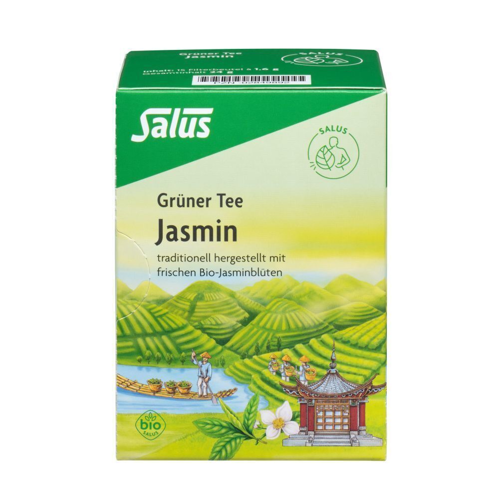 Grüne Salus-Teepackung. Aufdruck: Grüner Tee Jasmin, Bio-Siegel. Landschaftsdarstellung mit Pagode und Fluss.