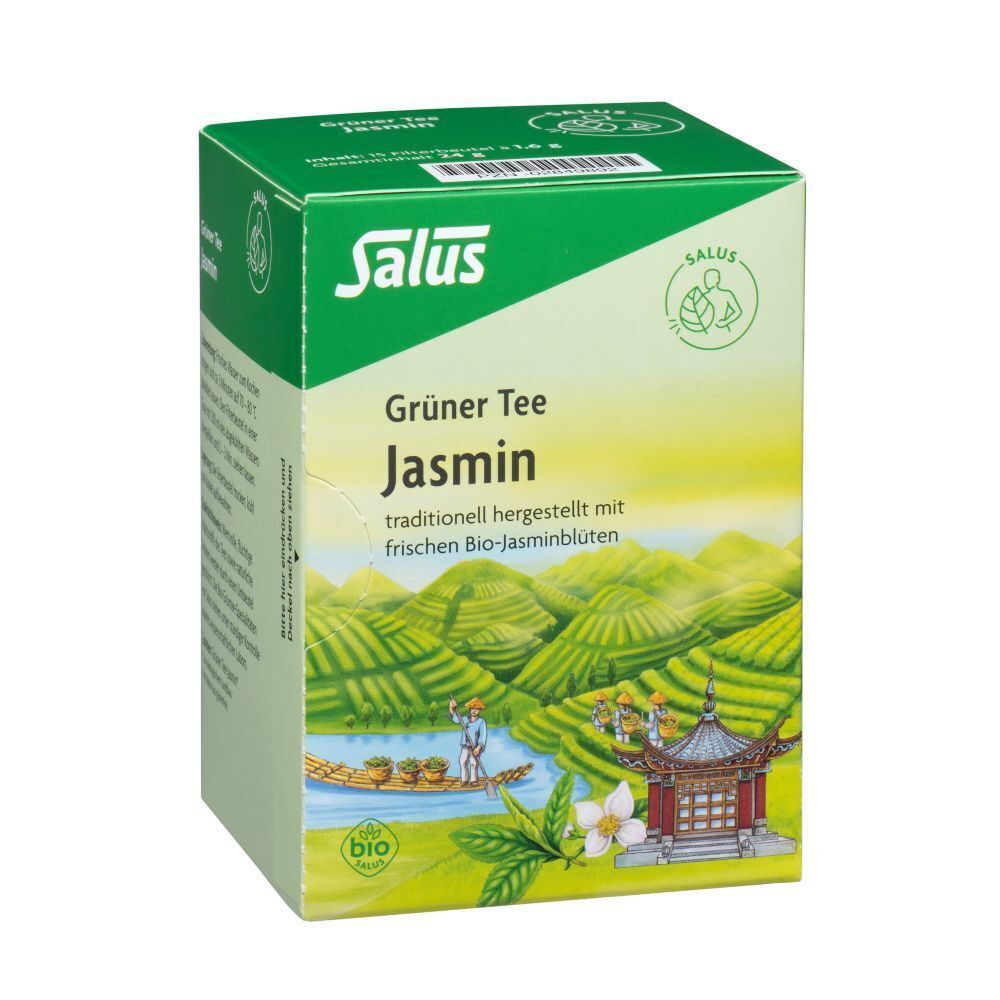 Grüne Salus-Teepackung. Aufdruck: Grüner Tee Jasmin, Bio-Siegel. Perspektivische Ansicht.