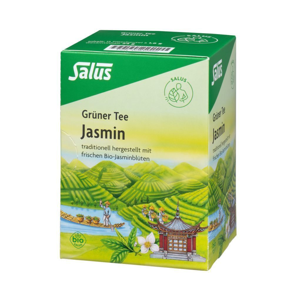 Grüne Salus-Teepackung. Aufdruck: Grüner Tee Jasmin, Bio-Siegel. Ansicht von vorne.