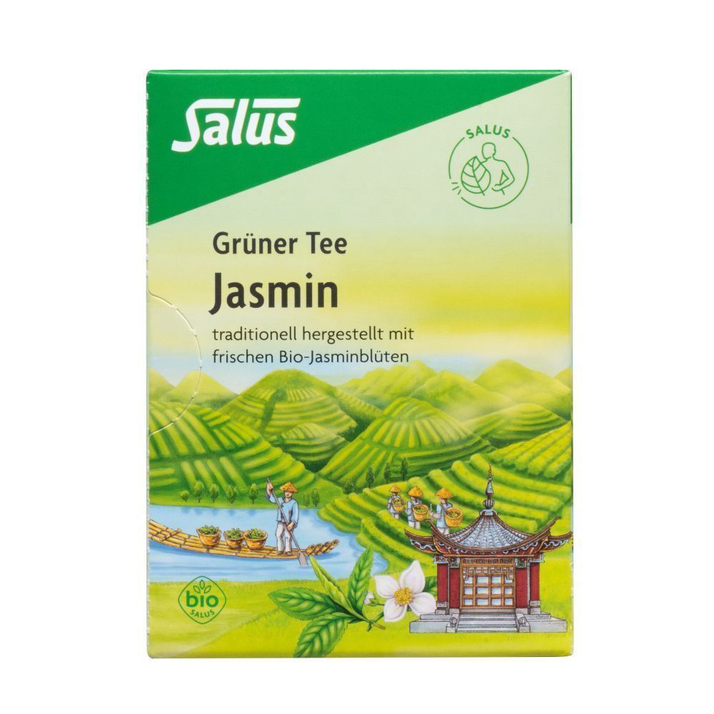Grüne Salus-Teepackung. Aufdruck: Grüner Tee Jasmin, Bio-Siegel. Nahaufnahme.