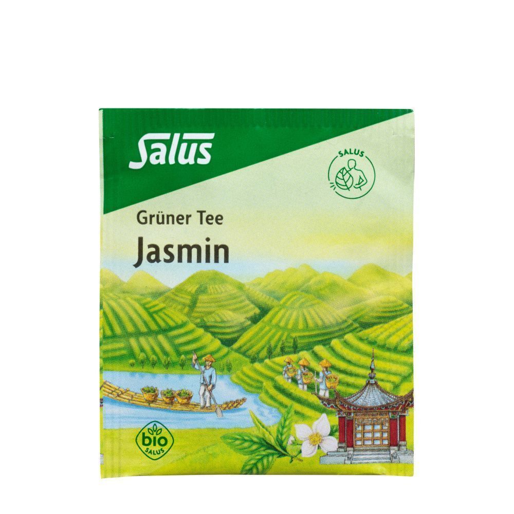 Grüner Teebeutel-Verpackung. Aufdruck: Salus, Grüner Tee Jasmin, Bio-Siegel. Landschaftsdarstellung.