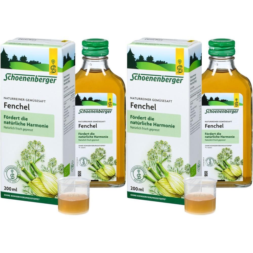 Zwei Flaschen Schoenenberger Fenchelsaft 200ml mit Becher.