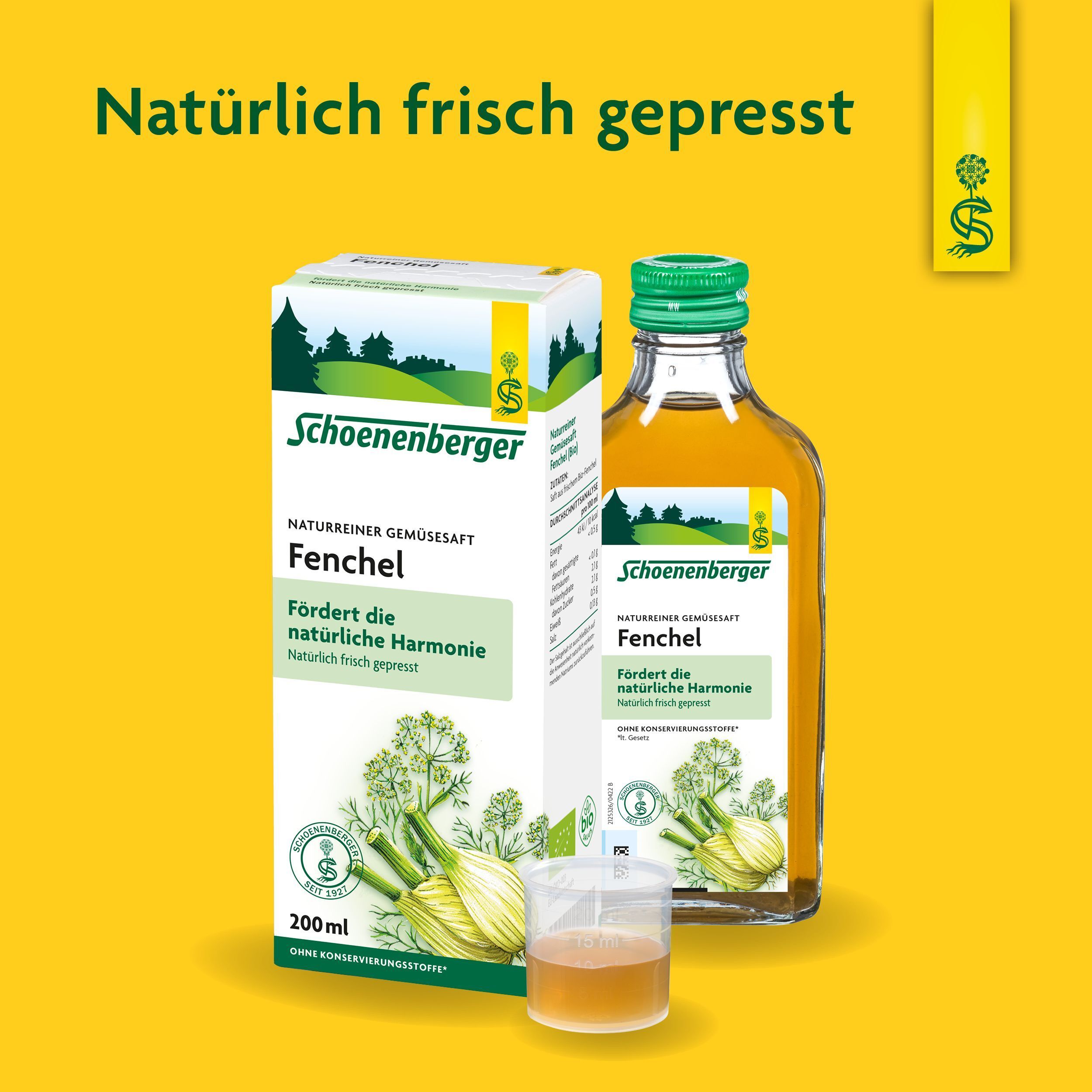 Flasche und Karton Schoenenberger Fenchelsaft 200ml mit Becher.