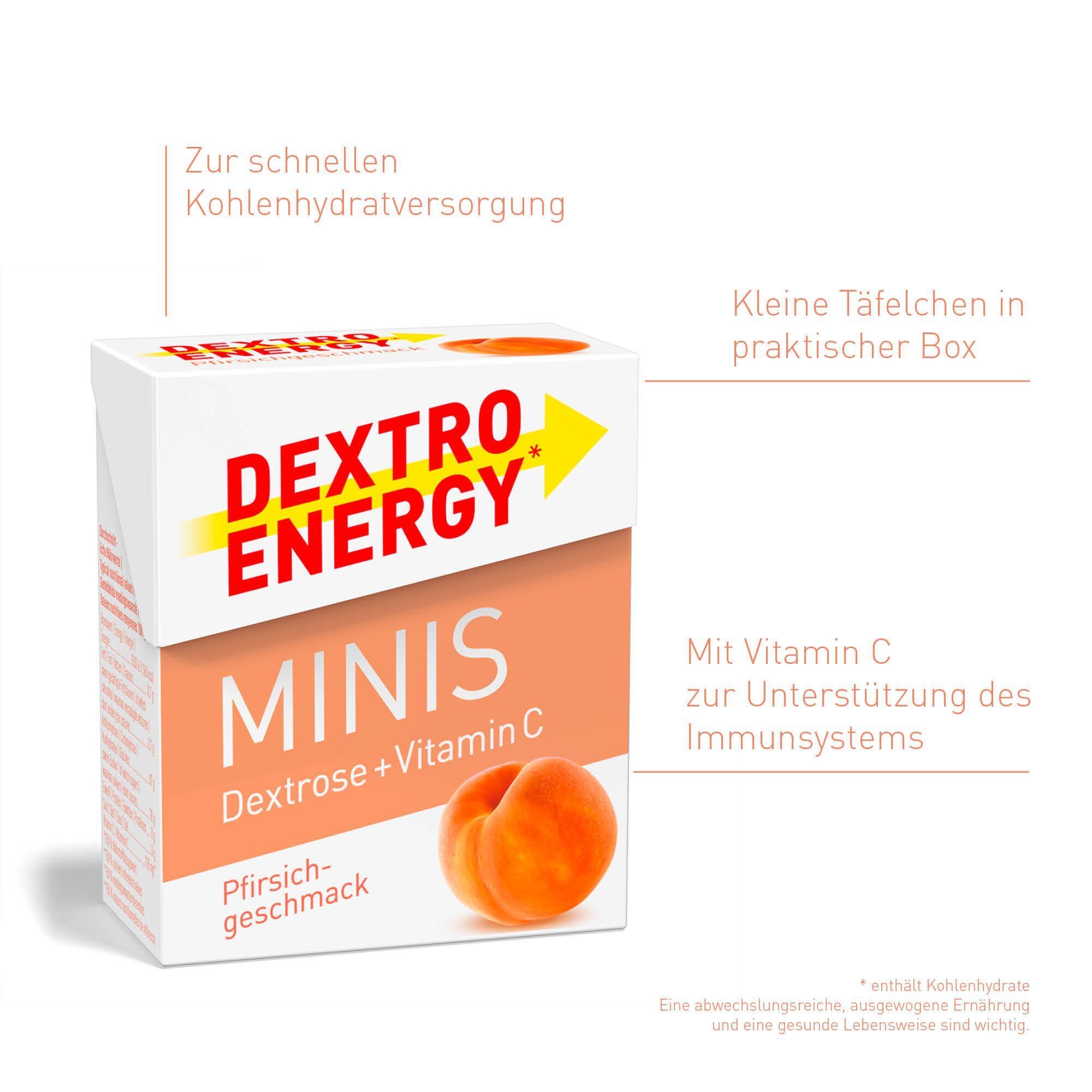 DEXTRO ENERGY MINIS Pfirsich-Verpackung. Weiße Schachtel mit orangefarbenem Streifen und Produktnamen. Abbildung einer Pfirsich.
