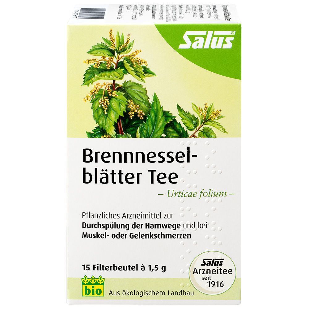 Vorderseite einer Packung Salus Brennnesselblätter Tee. Zeigt eine Illustration von Brennnesselpflanzen und Produktinformationen.