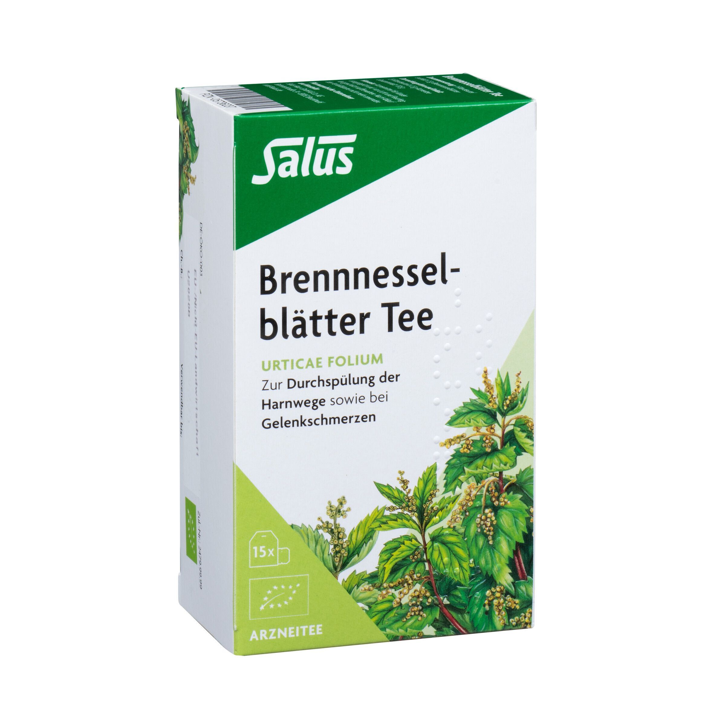 Vorderseite einer Packung Salus Brennnesselblätter Tee mit 15 Filterbeuteln. Zeigt Illustration von Brennnesselpflanzen und Bio-Siegel.