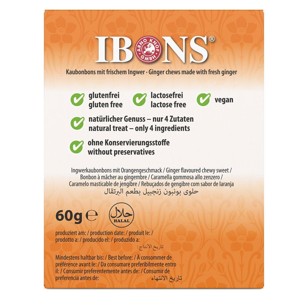 Rückseite der IBONS Ingwer-Orange Packung. Text mit Informationen zu Inhaltsstoffen, Zertifizierungen und Nährwertangaben.