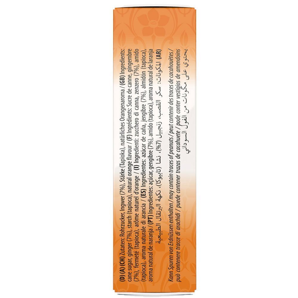 Detailansicht der Inhaltsstoffe der IBONS Ingwer-Orange Packung. Mehrsprachiger Text mit Zutatenlisten.