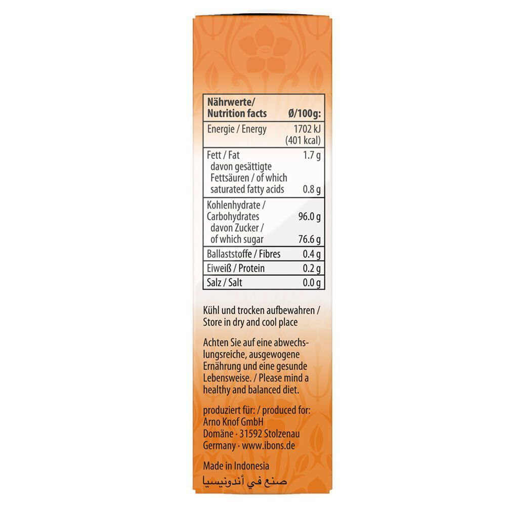 Detailansicht der Nährwertangaben der IBONS Ingwer-Orange Packung. Text mit Nährwertinformationen und Herstellerangaben.
