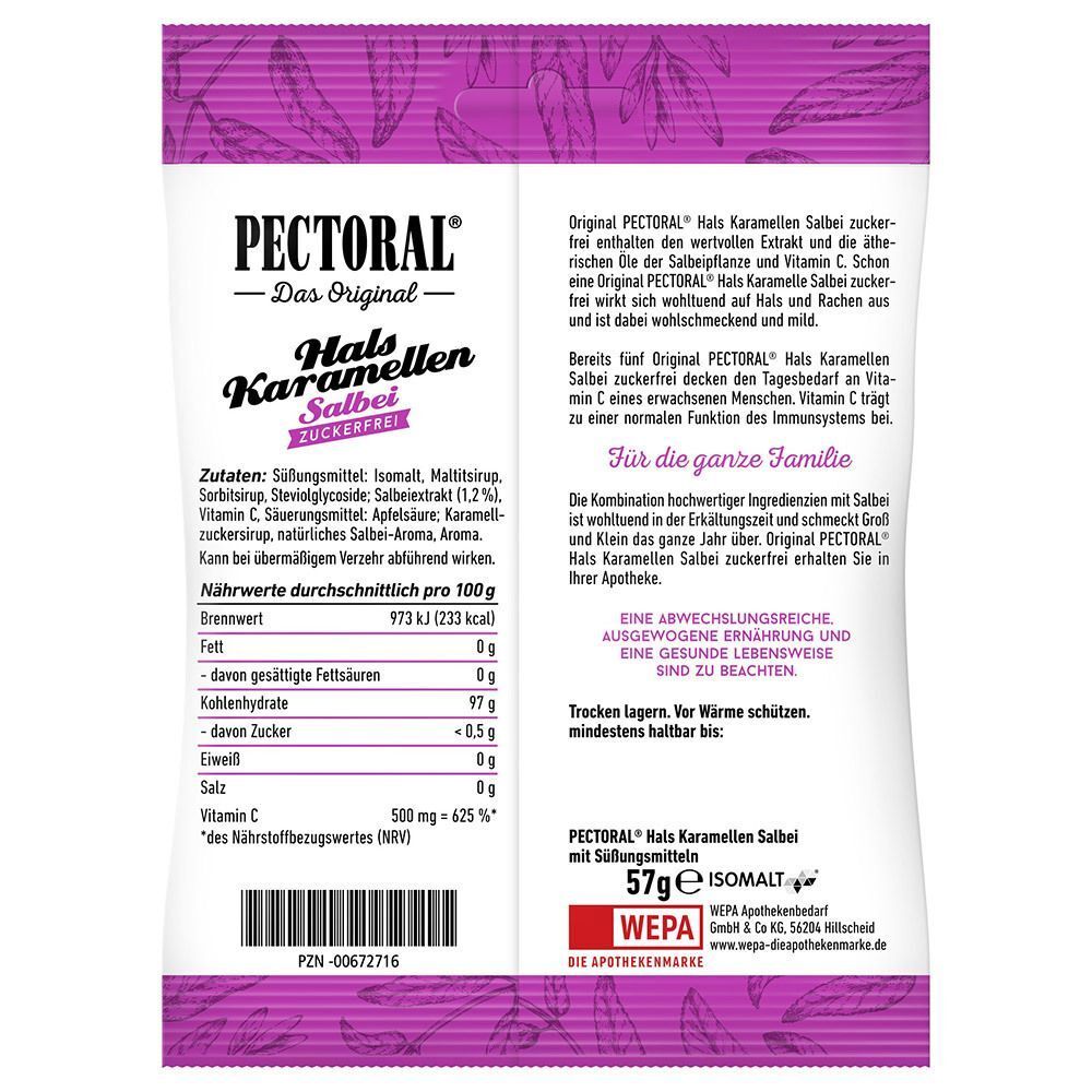 Rückseite einer PECTORAL Hals Karamel Salbei zuckerfrei Packung. Text mit Inhaltsstoffen und Nährwertangaben.