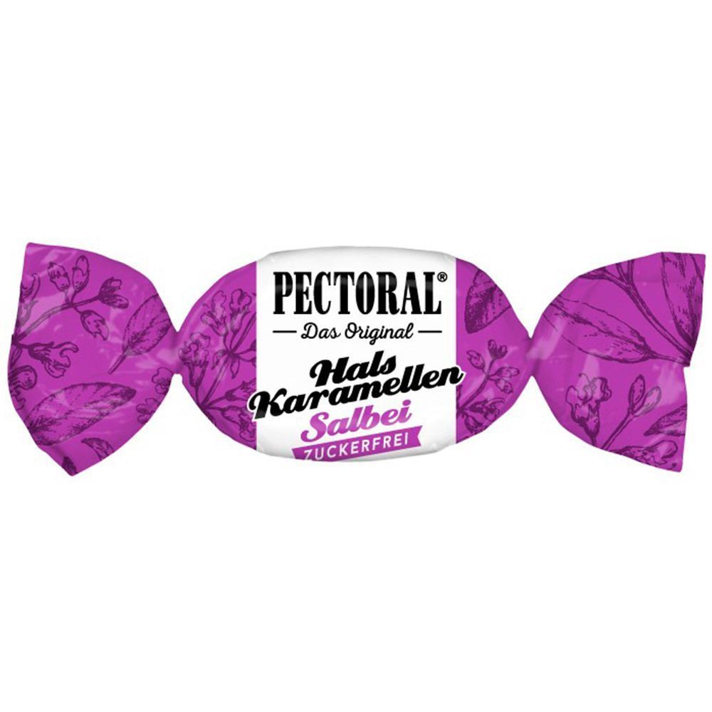 Einzelne PECTORAL Hals Karamel Salbei zuckerfrei Bonbon in lila Papier verpackt. Produktname sichtbar.
