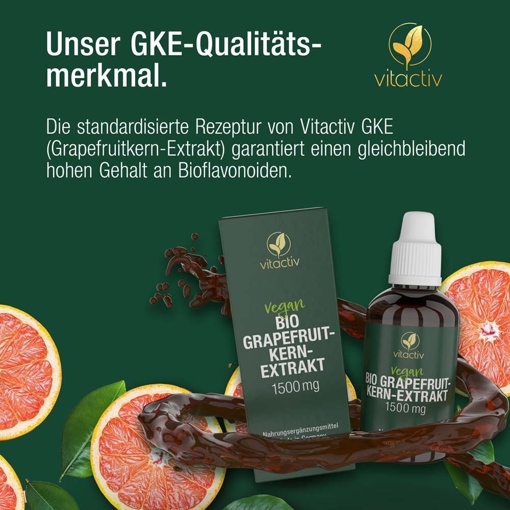 Produktflasche und Verpackung neben Grapefruit-Hälften. Text: Vitactiv GKE (Grapefruitkern-Extrakt) garantiert einen hohen Gehalt an Bioflavonoiden.