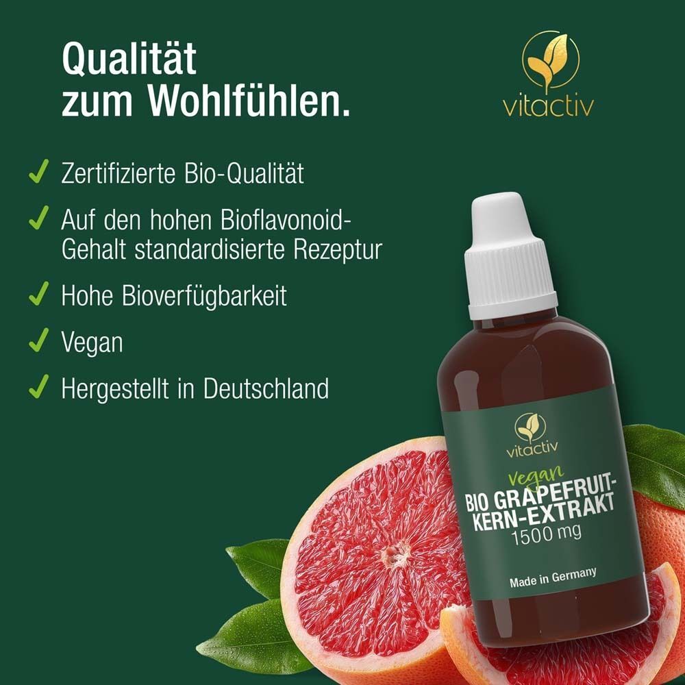 Produktflasche und Grapefruit-Hälften. Text: Zertifizierte Bio-Qualität, hohe Bioverfügbarkeit, vegan. Hergestellt in Deutschland.
