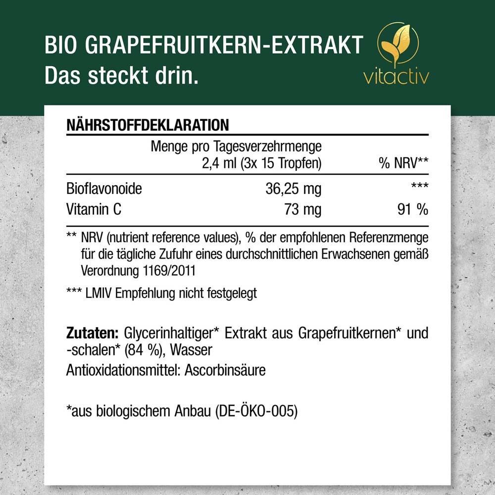 Nährstoffdeklaration. Text: 36,25 mg Bioflavonoide, 73 mg Vitamin C. Zutaten: Extrakt aus Grapefruitkernen und -schalen.