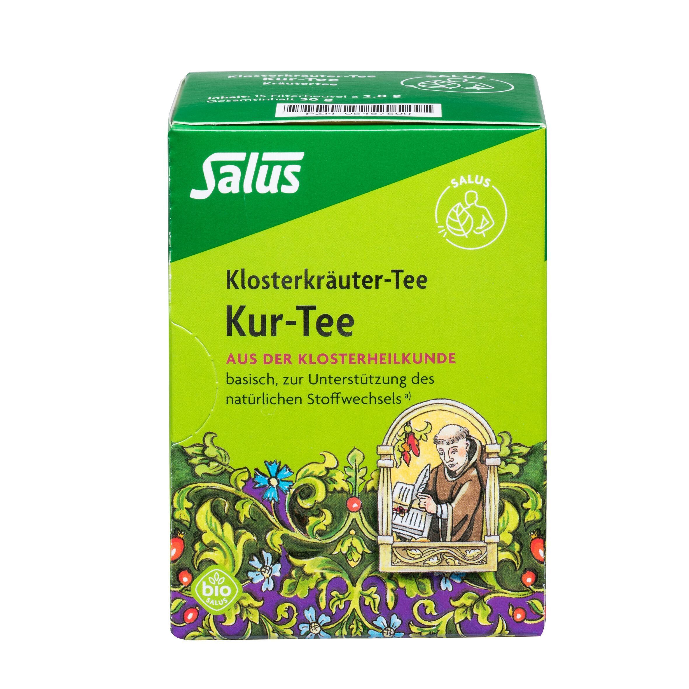 Salus Klosterkräuter-Tee Packung. Grüne Verpackung mit Text und Abbildung eines Mönchs. Bio-Siegel.
