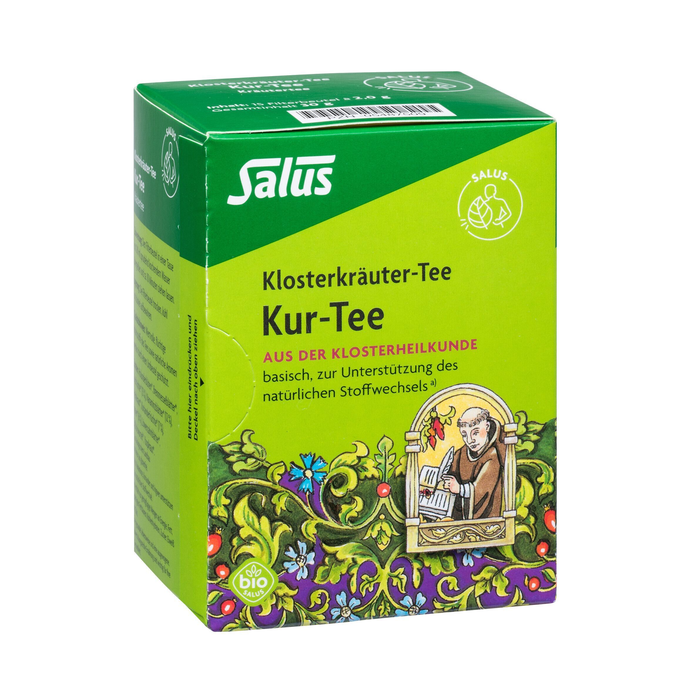 Salus Klosterkräuter-Tee Packung. Grüne Verpackung mit Text und Abbildung eines Mönchs. Bio-Siegel.