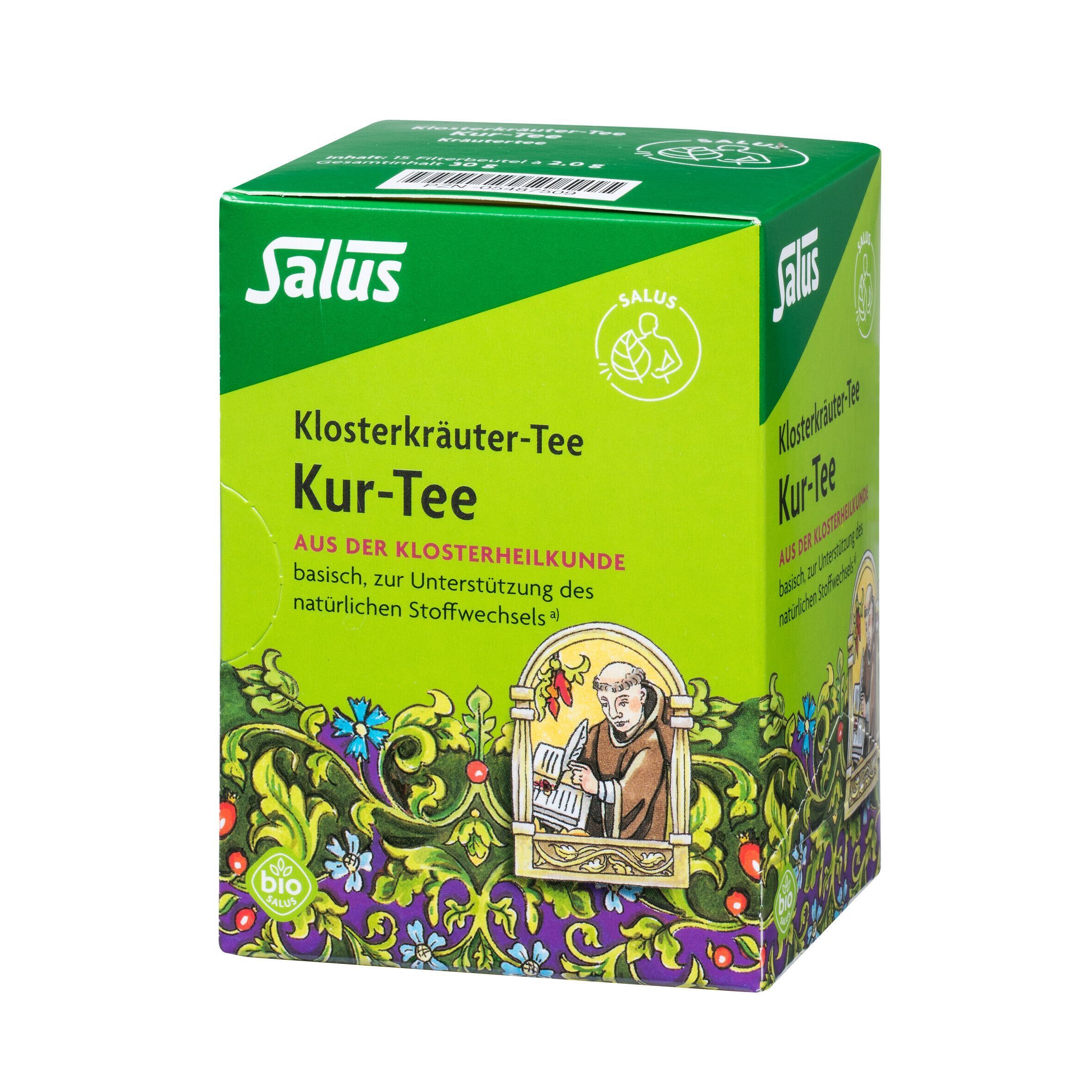 Salus Klosterkräuter-Tee Packung. Grüne Verpackung mit Text und Abbildung eines Mönchs. Bio-Siegel.