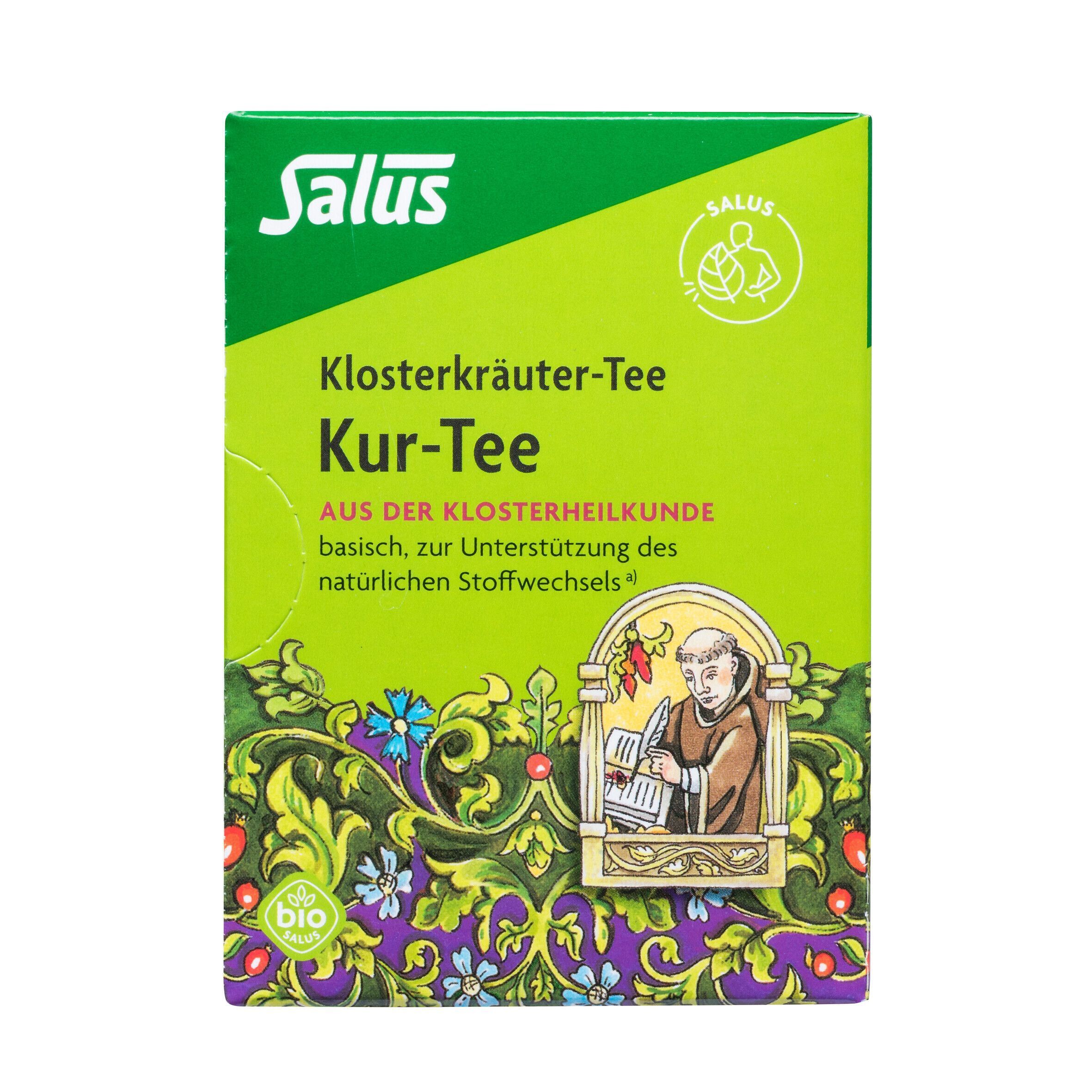 Salus Klosterkräuter-Tee Packung. Grüne Verpackung mit Text und Abbildung eines Mönchs. Bio-Siegel.