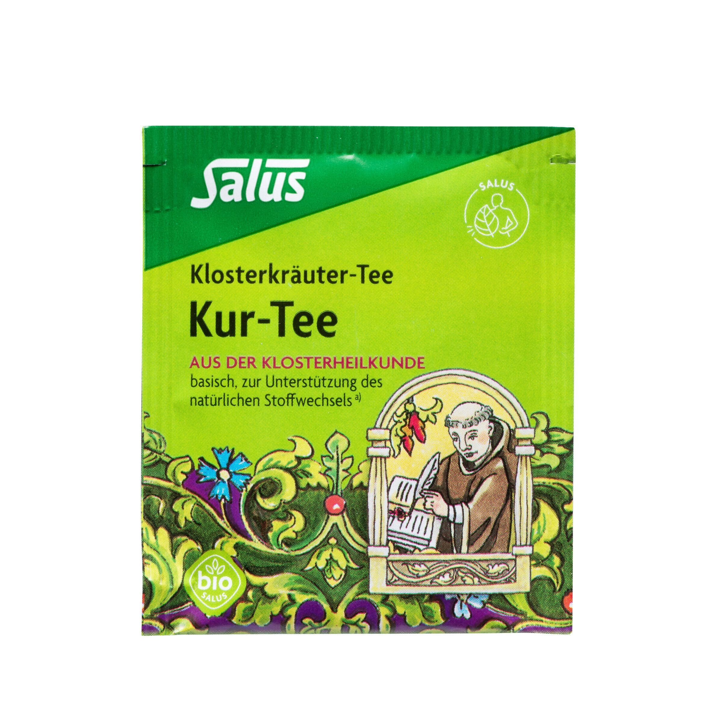 Salus Klosterkräuter-Tee Packung. Grüne Verpackung mit Text und Abbildung eines Mönchs. Bio-Siegel.