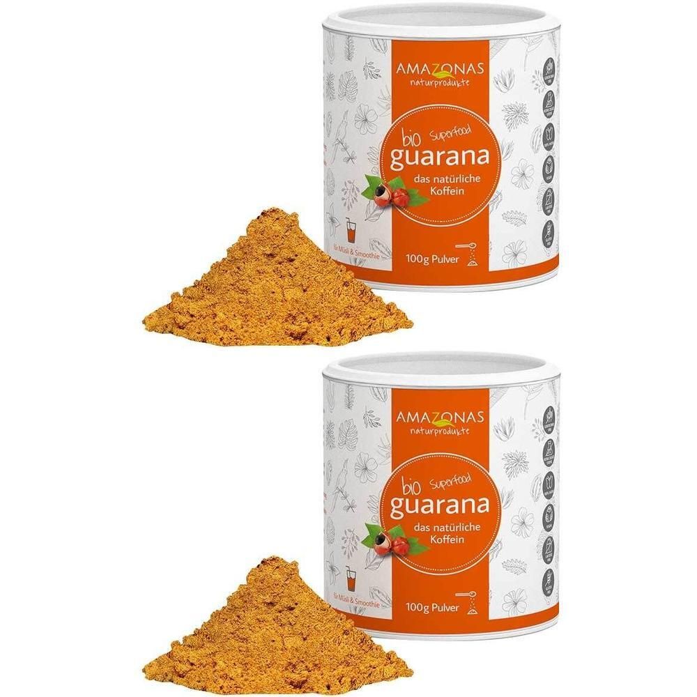 Zwei Dosen mit orangefarbenem Pulver und Schriftzug 'guarana'. Daneben zwei Haufen Pulver. Aufschrift: 'AMAZONAS naturprodukte'.