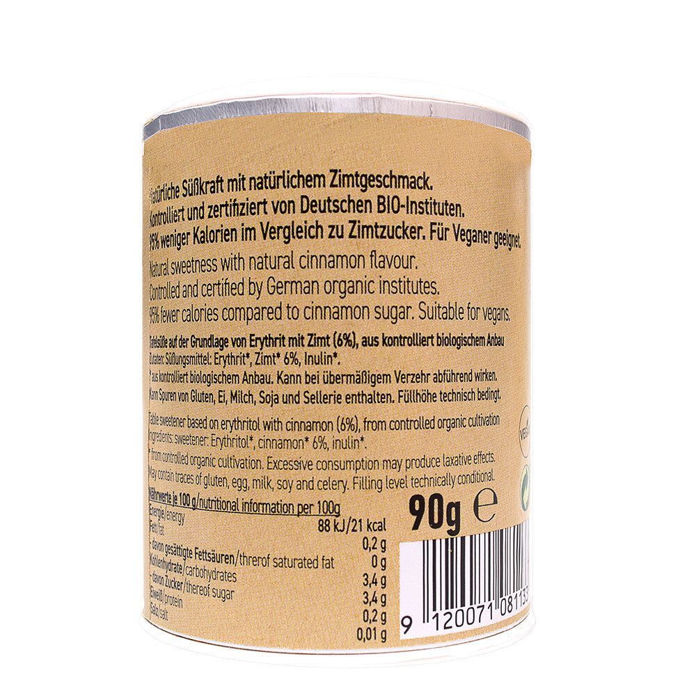 Dose Biosüße Zimt-Erythrit. Braune Dose mit weißem Deckel. Text: Zimt-Erythrit, 90g. Rückseite: Nährwertangaben, Zutaten, Zertifizierung.
