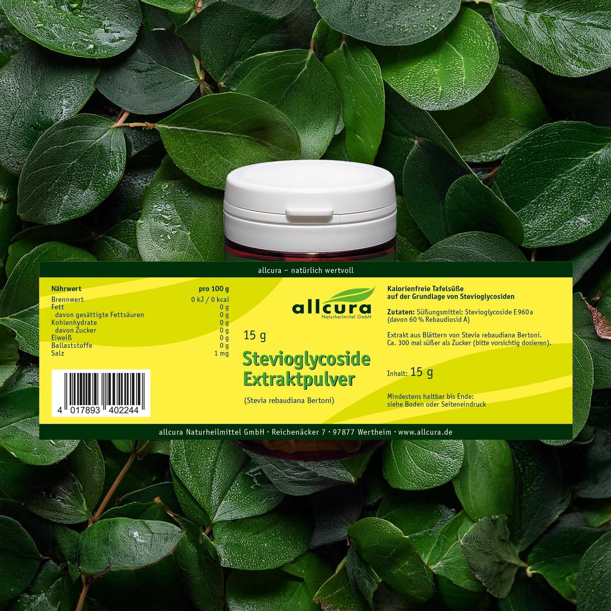 Dose allcura Steviaglycoside Extraktpulver 15g mit Nährwertangaben.