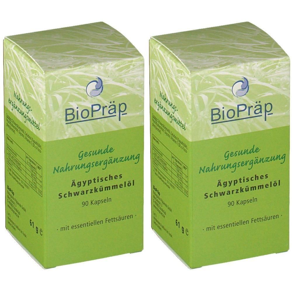 Zwei grüne Kartons mit "BioPräp"-Logo und Text: "Gesunde Nahrungsergänzung", "Ägyptisches Schwarzkümmelöl", 90 Kapseln.
