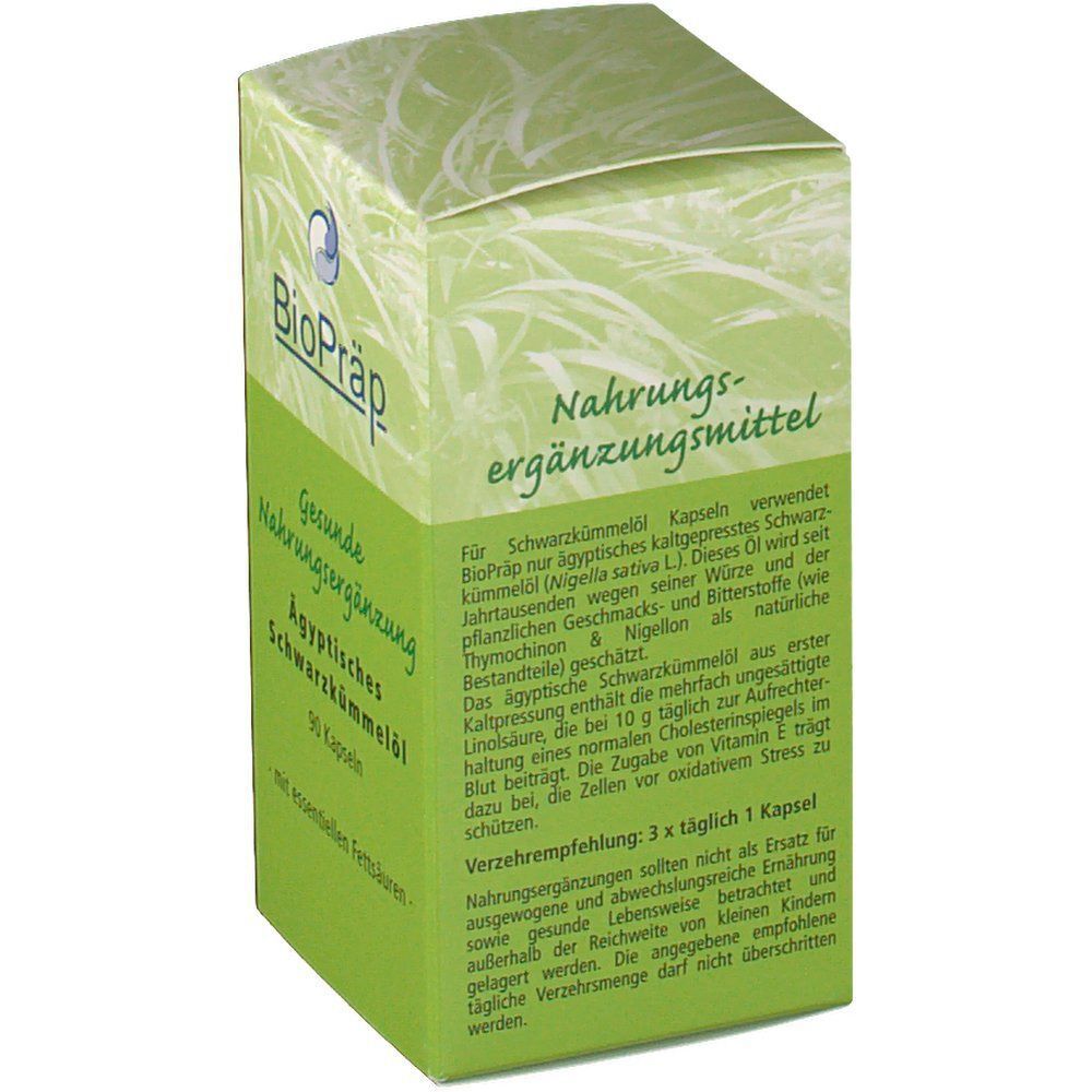 Grüne Schachtel mit "BioPräp"-Logo. Text: "Nahrungsergänzungsmittel", "Ägyptisches Schwarzkümmelöl", 90 Kapseln. Beschreibungstext.