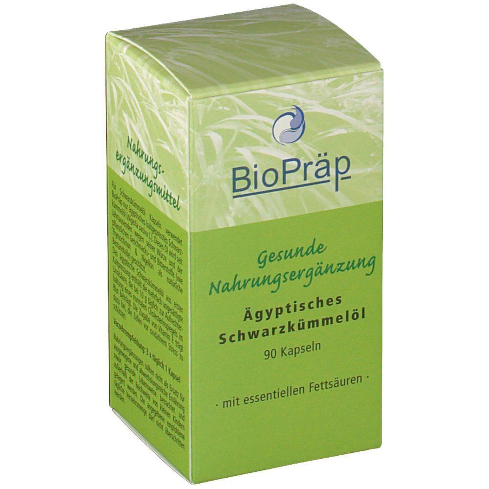 Grüne Schachtel mit "BioPräp"-Logo. Text: "Gesunde Nahrungsergänzung", "Ägyptisches Schwarzkümmelöl", 90 Kapseln. Detailansicht.