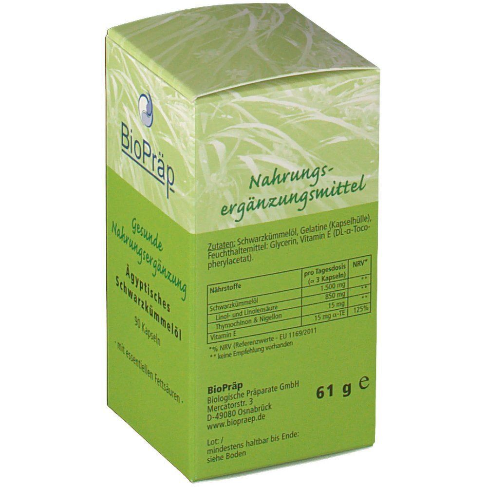 Grüne Schachtel mit "BioPräp"-Logo. Text: "Nahrungsergänzungsmittel", "Ägyptisches Schwarzkümmelöl", 90 Kapseln. Nährwerttabelle.
