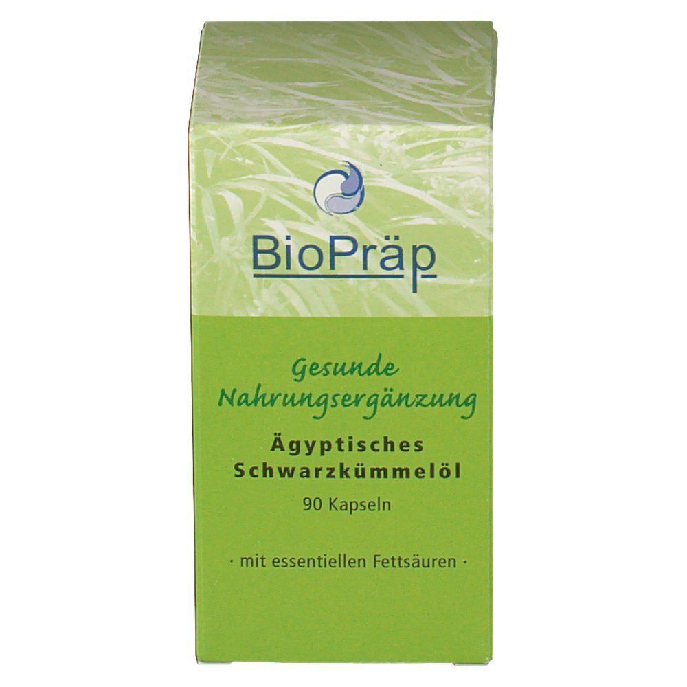 Grüne Schachtel mit "BioPräp"-Logo. Text: "Gesunde Nahrungsergänzung", "Ägyptisches Schwarzkümmelöl", 90 Kapseln. Nahaufnahme.