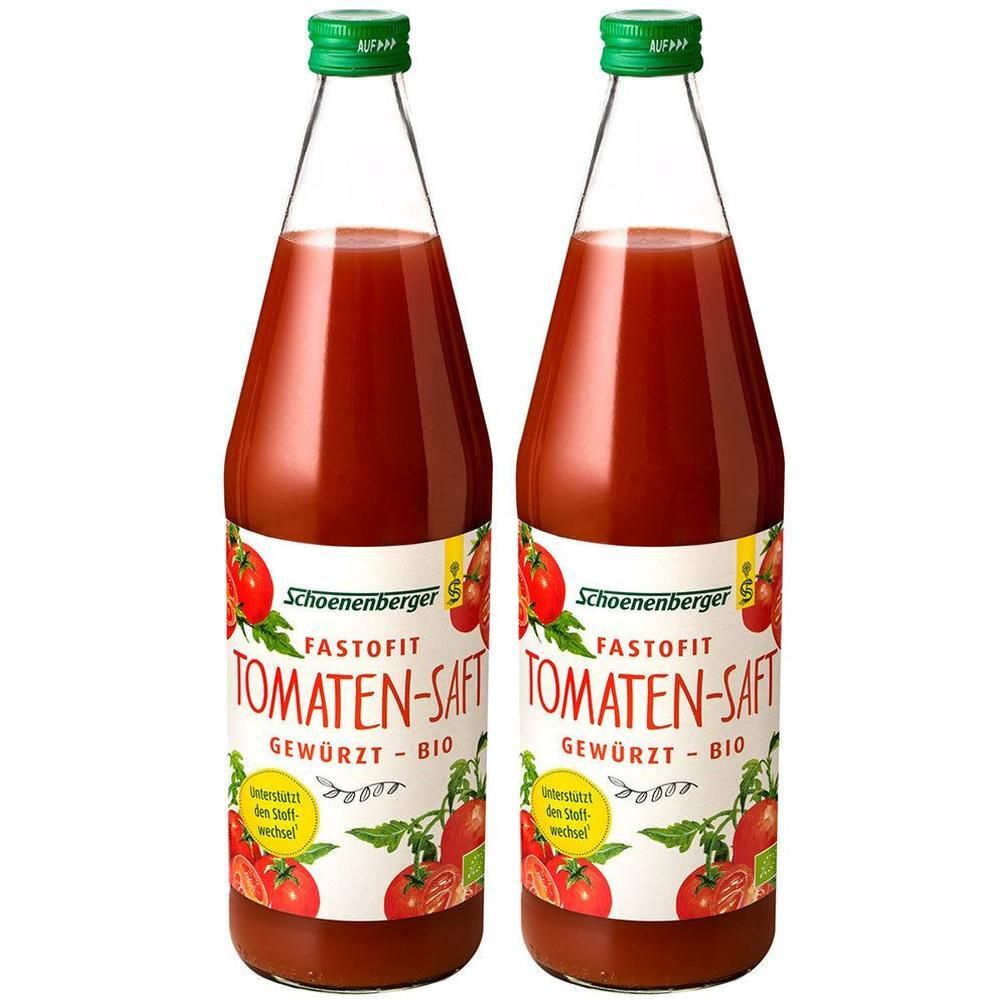 Zwei Flaschen Schoenenberger Tomaten-Saft, gewürzt und bio. Roter Saft in Glasflaschen mit grünen Deckeln.