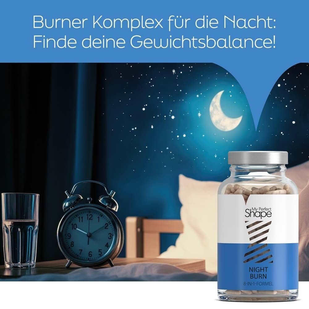 Eine Flasche mit Kapseln auf einem Nachttisch. Text: NIGHT BURN. Im Hintergrund: Mond, Uhr, Glas Wasser.