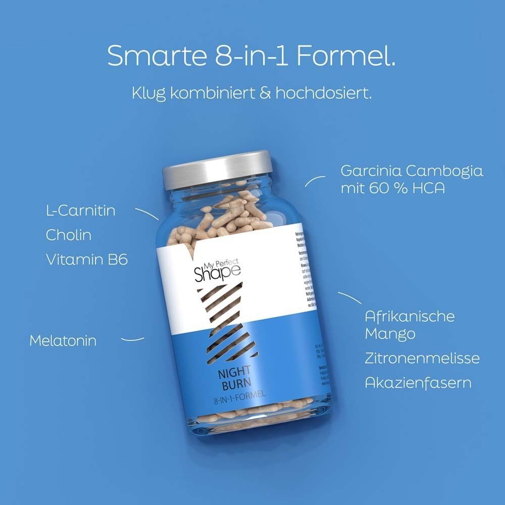 Eine Flasche mit Kapseln. Text: My Perfect Shape, NIGHT BURN, 8-in-1-Formel. Inhaltsstoffe: Melatonin, L-Carnitin, etc.