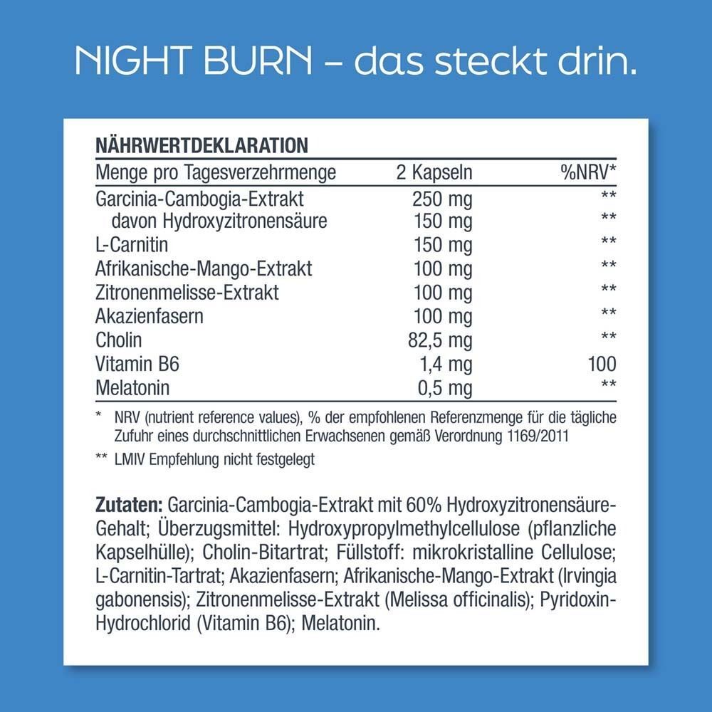 Nährwerttabelle. Text: NIGHT BURN. Inhaltsstoffe: Garcinia Cambogia, L-Carnitin, etc. 2 Kapseln.