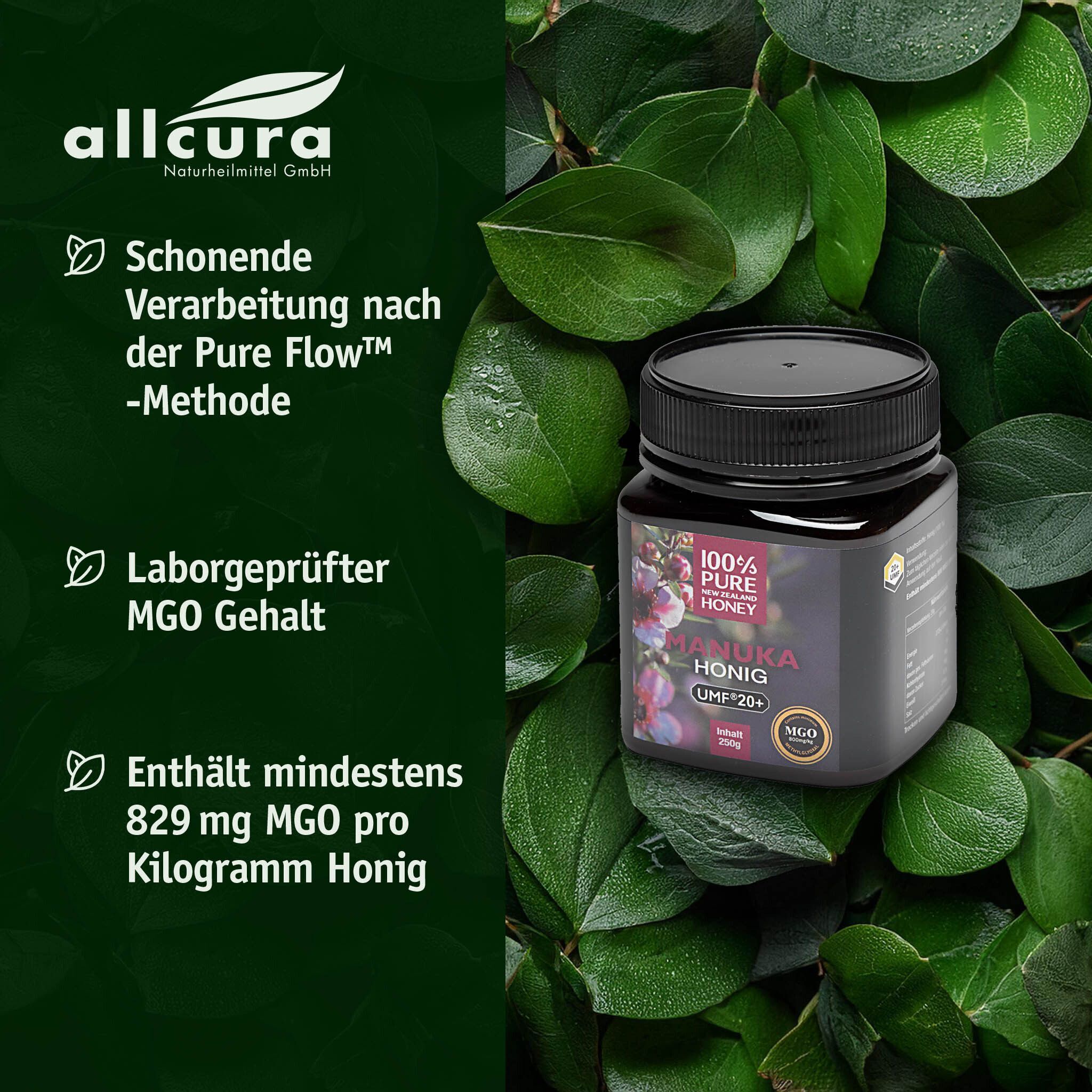Honigglas mit schwarzem Deckel, umgeben von Blättern. Aufschrift: 100% Pure Honey, Manuka Honig UMF 20+, MGO. Text: Laborgeprüfter MGO Gehalt.