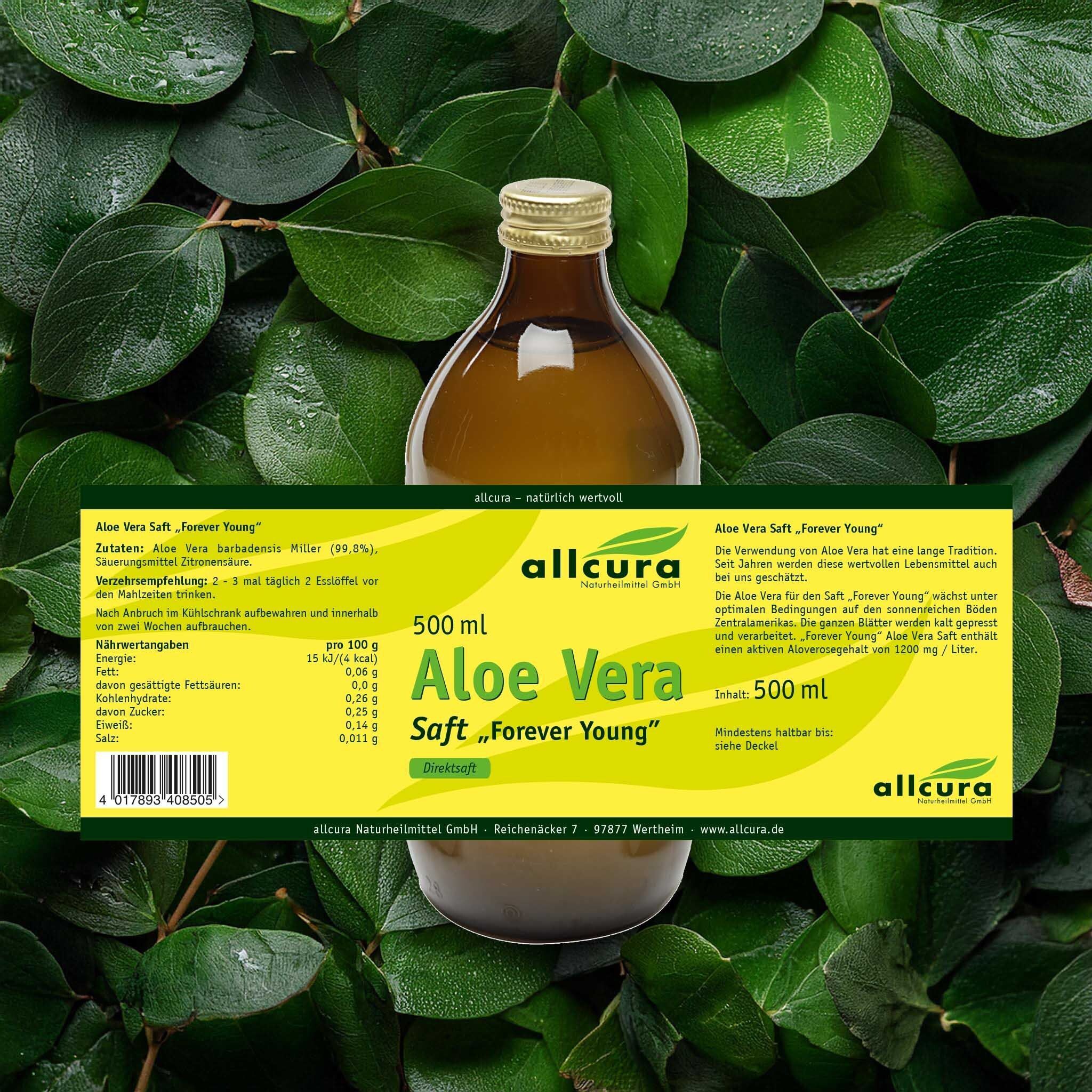 Flasche Aloe Vera Saft "Forever Young" von allcura, 500 ml, mit detaillierter Nährwertangabe und Produktinformationen.
