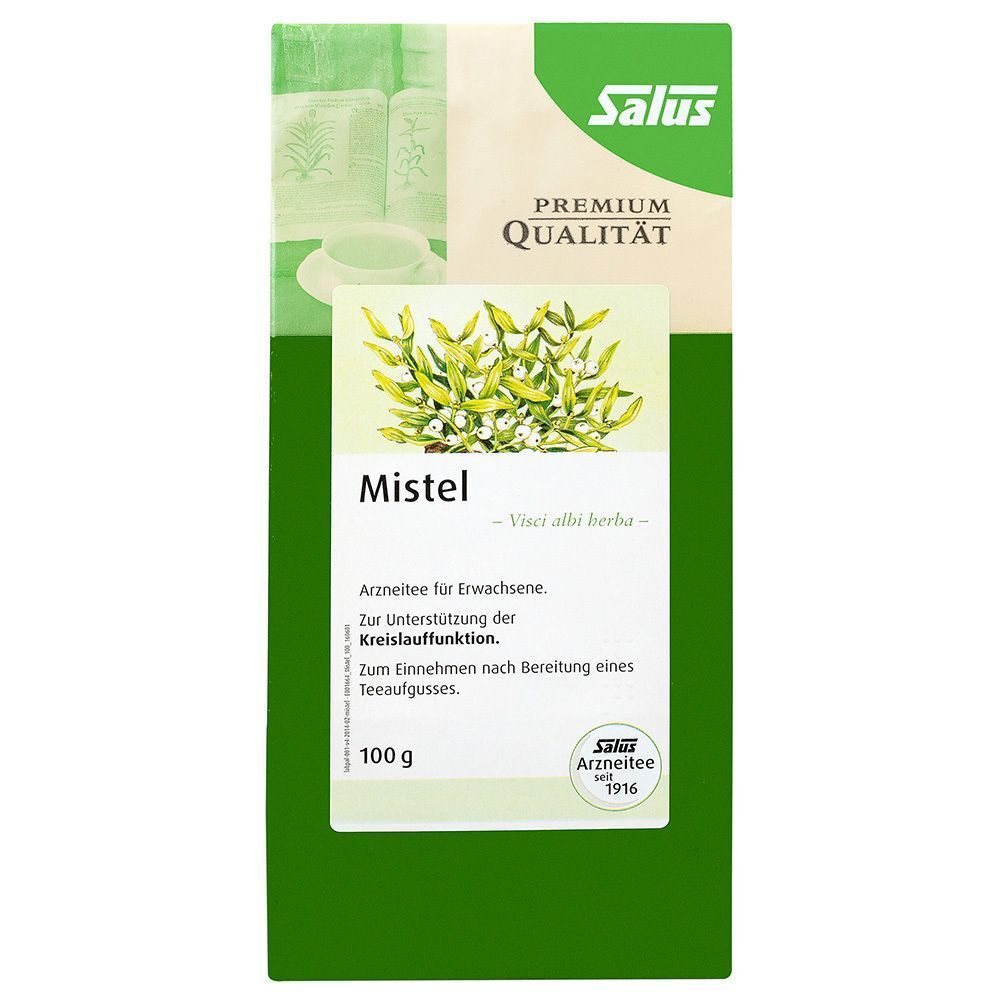 Vorderseite einer Packung Salus Mistel Arzneitee, 100g, mit Abbildung von Mistelzweigen.