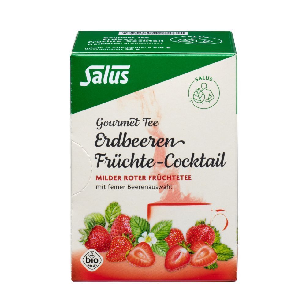Verpackung ERDBEEREN Früchtecocktail Salus Filterbeutel. Aufdruck: Gourmet Tee, Erdbeeren Früchte-Cocktail, milder roter Früchtetee. Bio-Siegel.