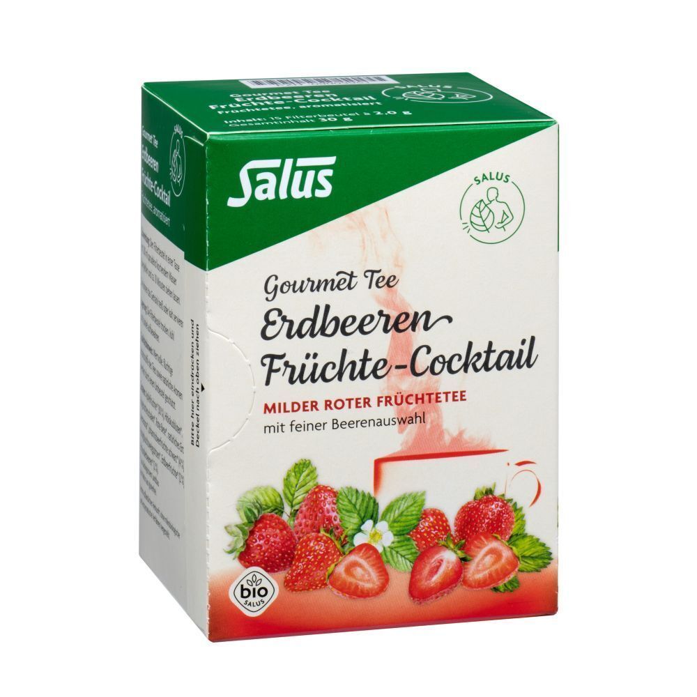 Verpackung ERDBEEREN Früchtecocktail Salus Filterbeutel. Aufdruck: Gourmet Tee, Erdbeeren Früchte-Cocktail, milder roter Früchtetee. Bio-Siegel.
