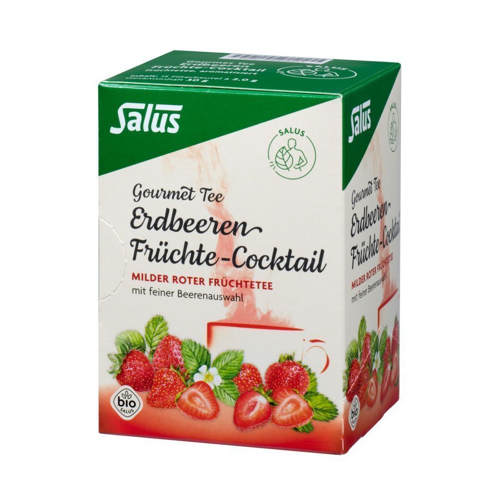 Verpackung ERDBEEREN Früchtecocktail Salus Filterbeutel. Aufdruck: Gourmet Tee, Erdbeeren Früchte-Cocktail, milder roter Früchtetee. Bio-Siegel.