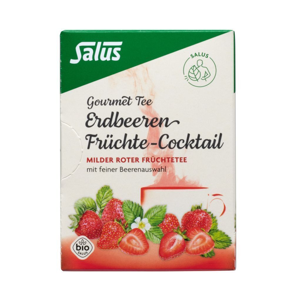 Verpackung ERDBEEREN Früchtecocktail Salus Filterbeutel. Aufdruck: Gourmet Tee, Erdbeeren Früchte-Cocktail, milder roter Früchtetee. Bio-Siegel.