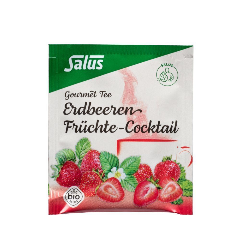Verpackung ERDBEEREN Früchtecocktail Salus Filterbeutel. Aufdruck: Gourmet Tee, Erdbeeren Früchte-Cocktail, milder roter Früchtetee. Bio-Siegel.