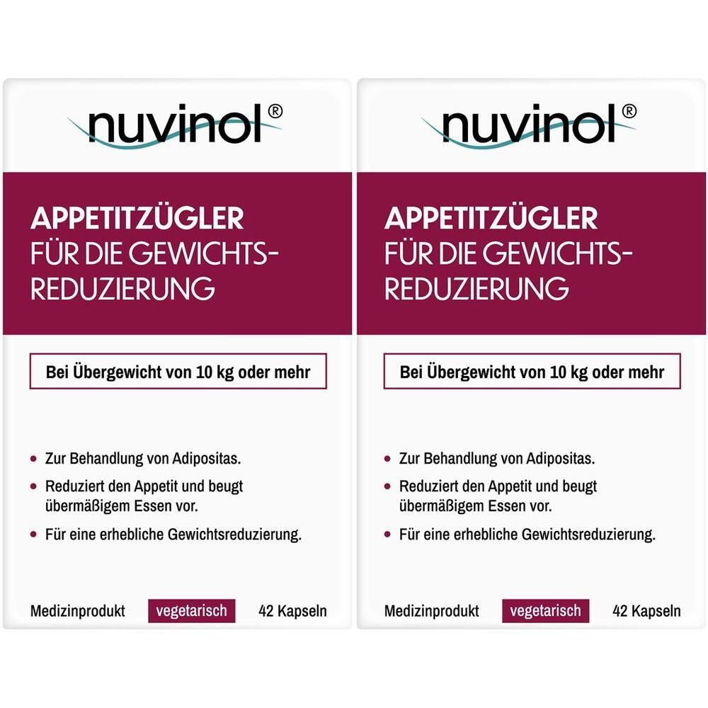 Zwei Nuvinols Appetitzügler Packungen für Gewichtsreduktion, 42 Kapseln pro Packung.