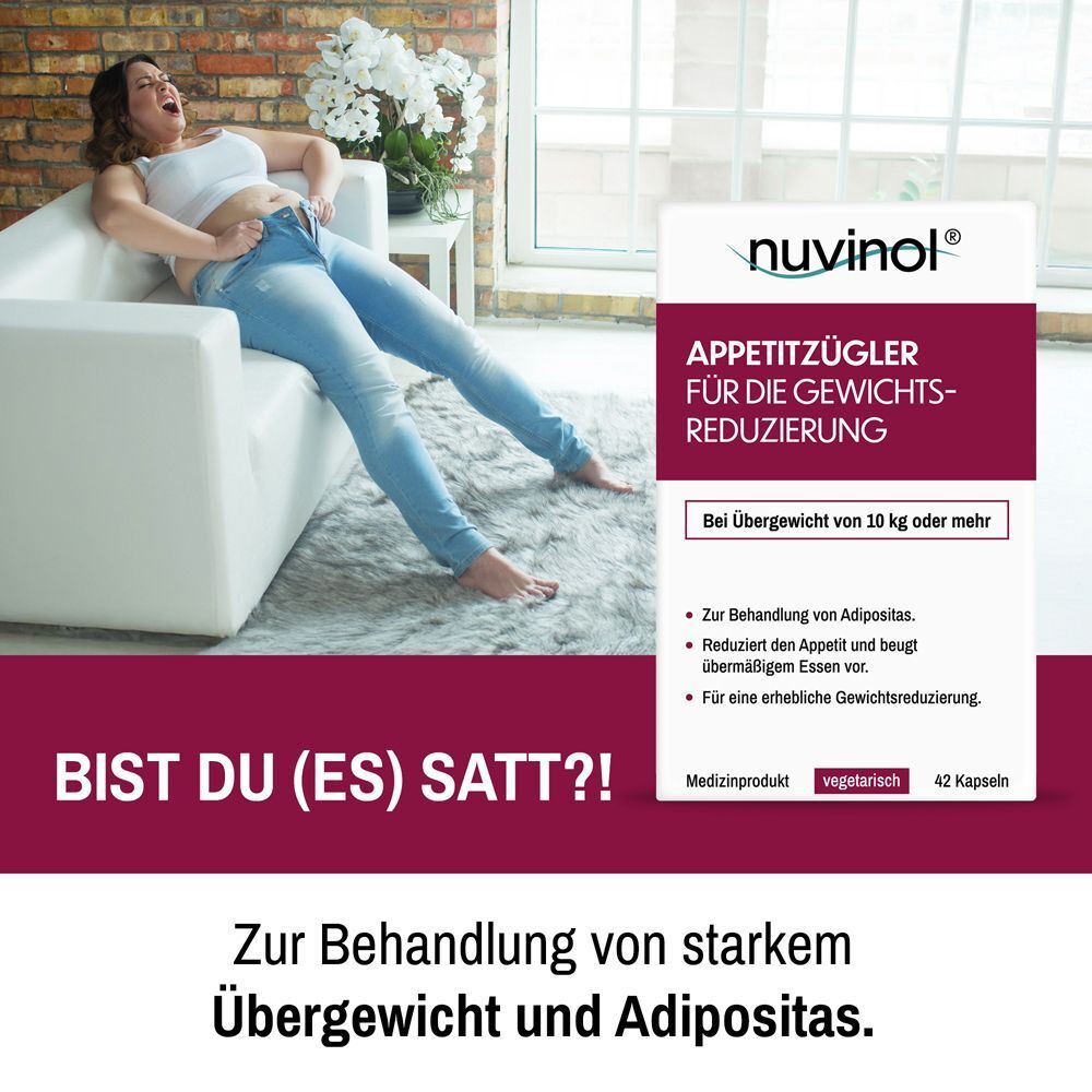 Frau auf Sofa, Nuvinols Appetitzügler Packung daneben. Text: Bist du (es) satt?!