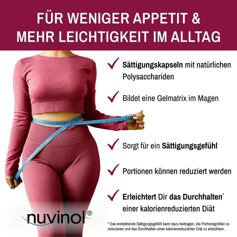 Frau mit Maßband, Nuvinols Logo. Text: Für weniger Appetit & mehr Leichtigkeit.